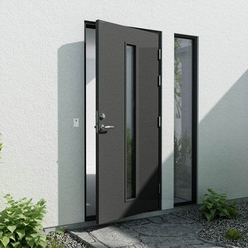 Snygg svart ytterdörr med sidoljus från Nordiska Fönster.
